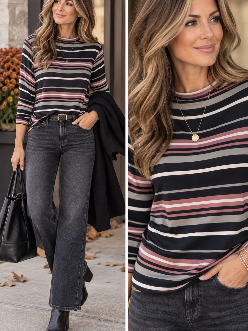 Striped Viscose Stretch Long Sleeve Top Black Pink Grey